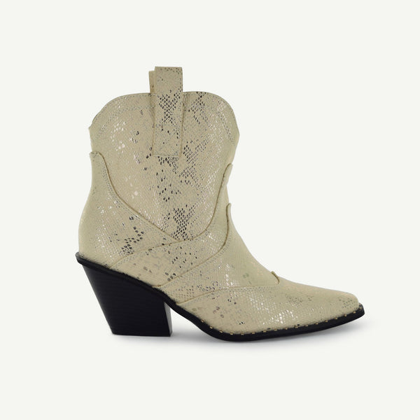 Isabel: Western Bootie - Off-White Snake