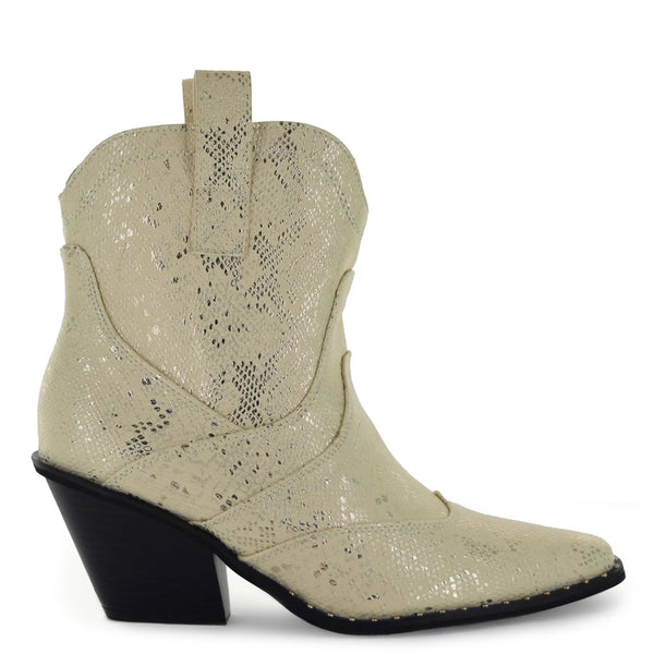 Isabel: Western Bootie - Off-White Snake