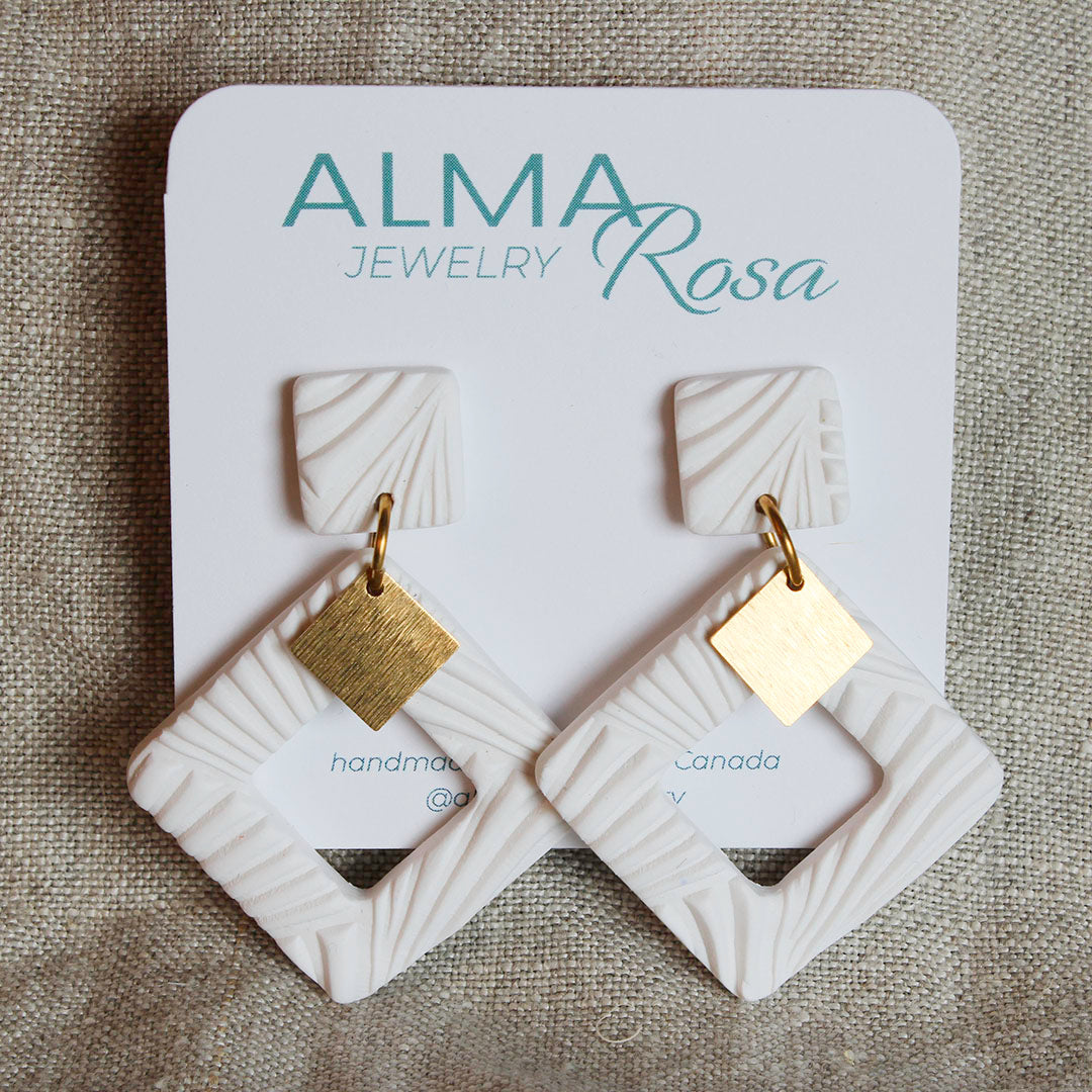 EMERY Earrings. Textured White, Polymer Clay statement Earrings with brass Dangles Alma Rosa Jewelry