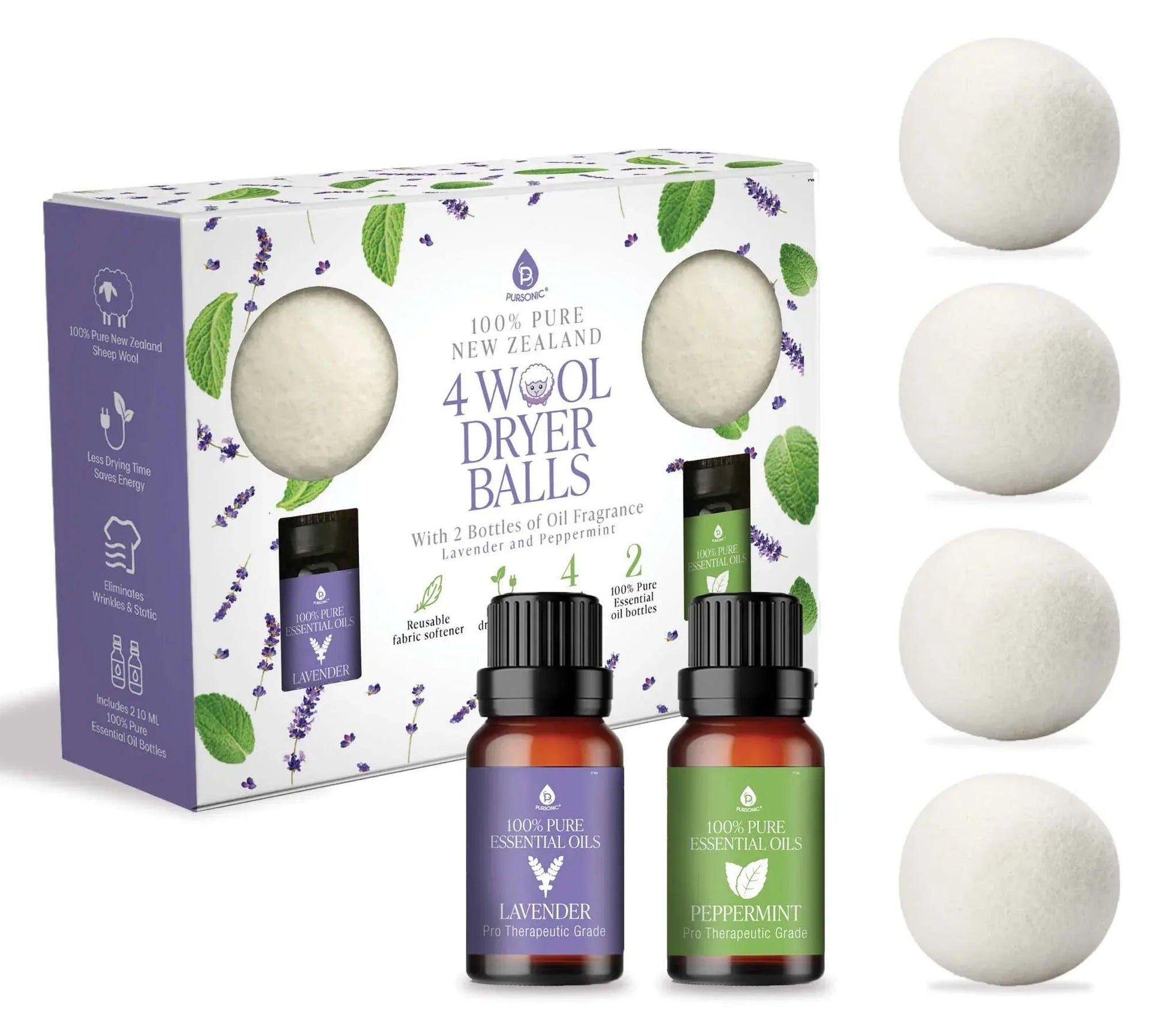 Wool Dryer Balls Bundle - Reusable Laundry Balls Made from Pure New Zealand Wool - Includes Lavender & Peppermint Oils - Gifts for You 'n Me