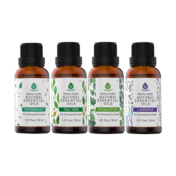 Pursonic 4-Pack Pure & Natural Essential Oils Collection – Eucalyptus, Lavender, Tea Tree, and Peppermint