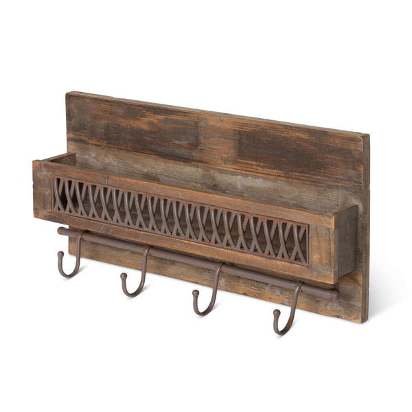 Farmhouse Wall Shelf with Hooks and Metal Lattice Accent