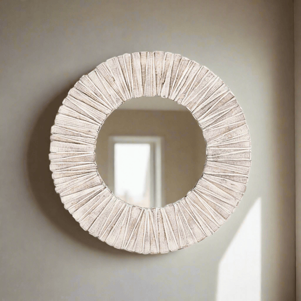 Whitewashed Wood Slat Round Wall Mirror