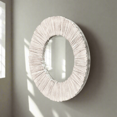 Whitewashed Wood Slat Round Wall Mirror