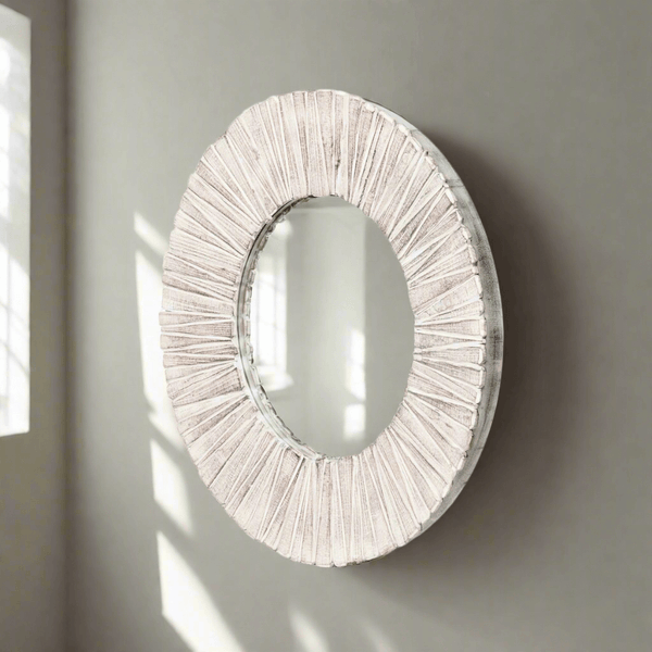 Whitewashed Wood Slat Round Wall Mirror