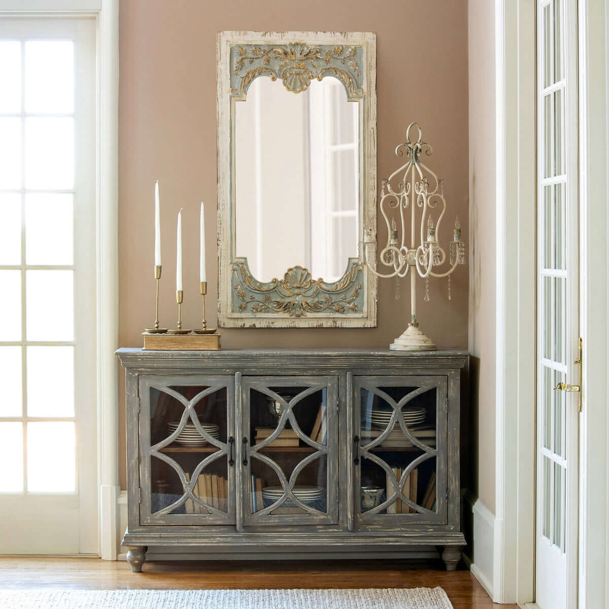 Vintage French Country Carved Wood Mirror with Distressed Blue Frame