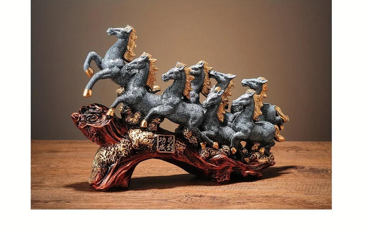 Eight Galloping Horses Resin Sculpture Decorative Table Accent