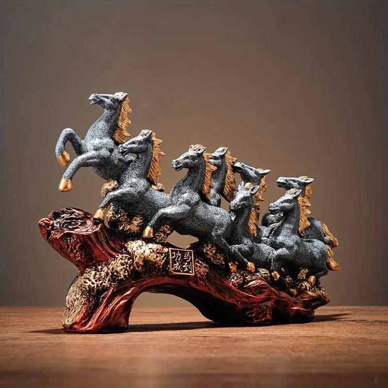 Eight Galloping Horses Resin Sculpture Decorative Table Accent