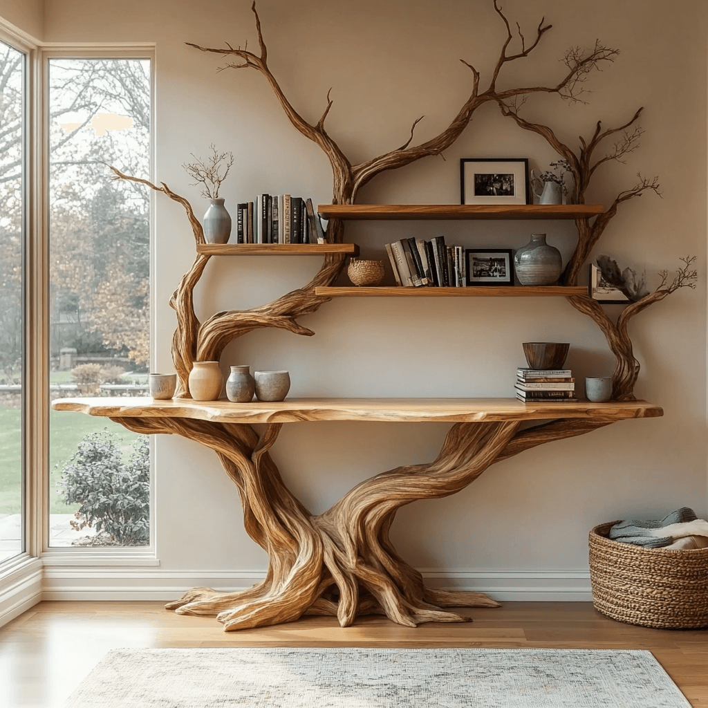 Elarion Tree Trunk Sculpted Solid Wood Console Table with Shelves