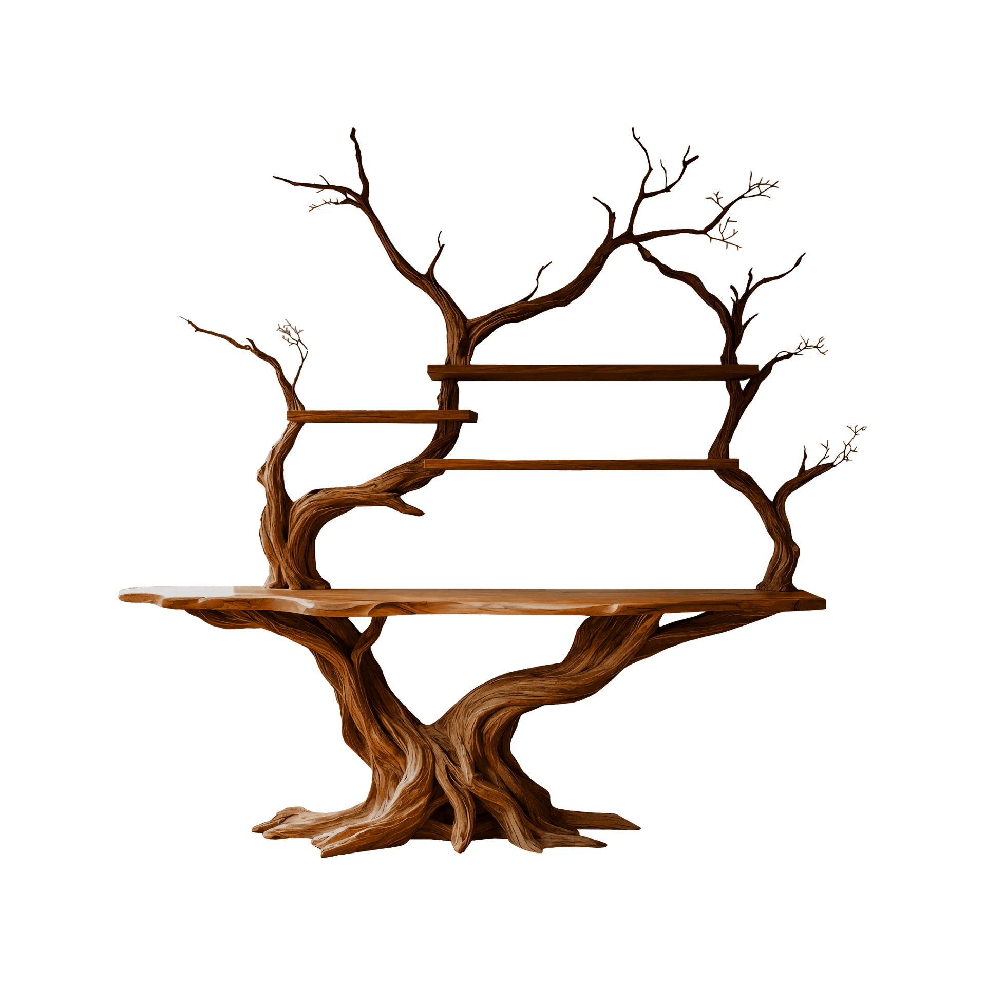Elarion Tree Trunk Sculpted Solid Wood Console Table with Shelves