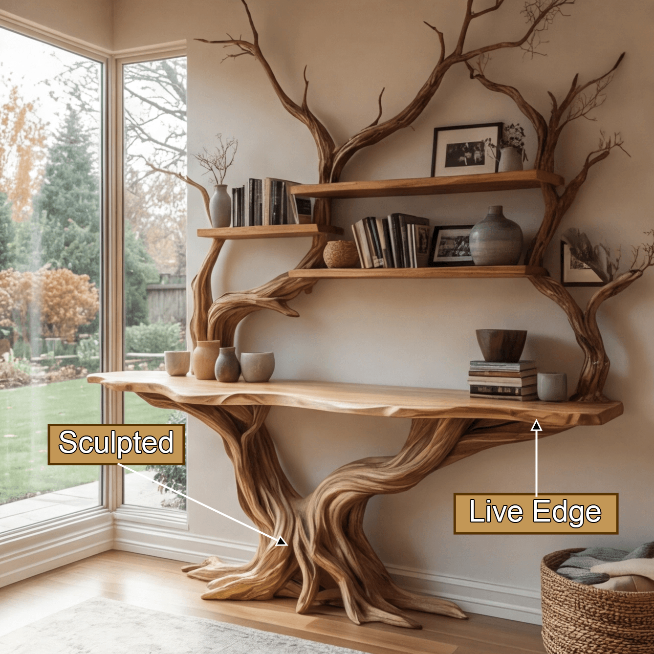 Elarion Tree Trunk Sculpted Solid Wood Console Table with Shelves