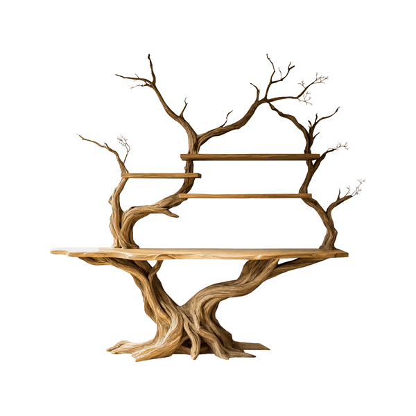 Elarion Tree Trunk Sculpted Solid Wood Console Table with Shelves