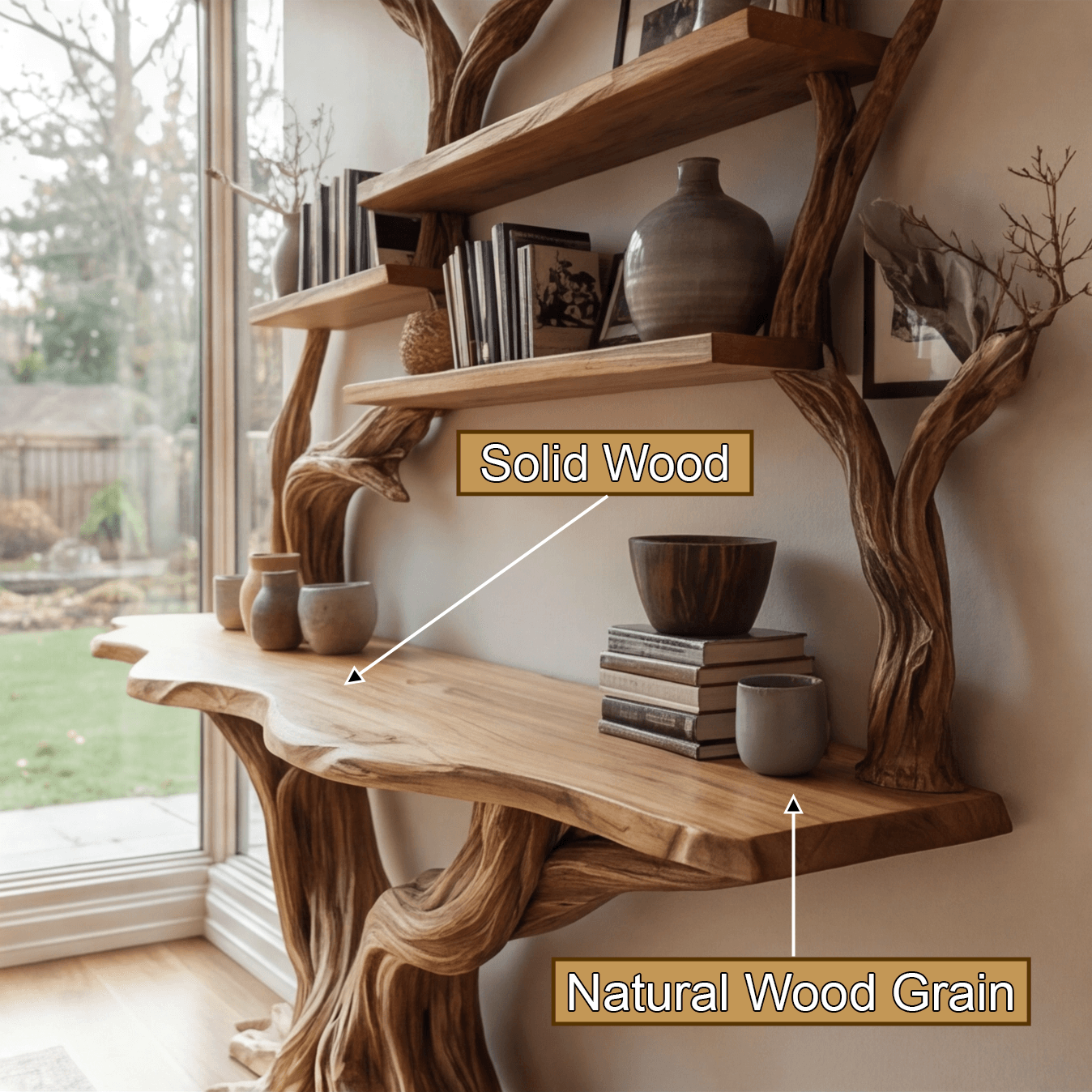 Elarion Tree Trunk Sculpted Solid Wood Console Table with Shelves