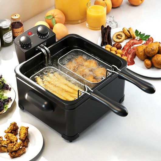 Electric Deep Fryer 5.3QT/21-Cup Stainless Steel 1700W with Triple Basket-Black