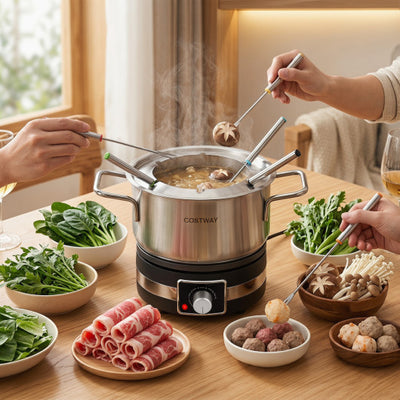 1200W Electric Fondue Pot Set with Removable Stainless Steel Pot and 6 Forks