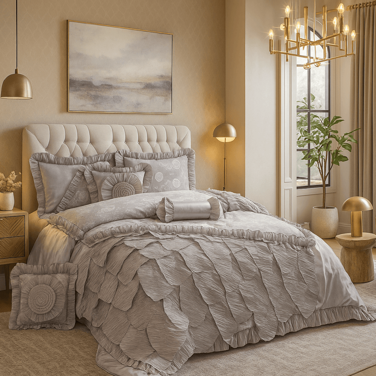 Tache Satin Ruffle Floral Lace Silver Rose Petals Comforter Set (HYZ102)