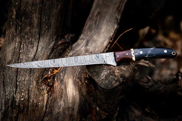 Handmade Damascus Fillet Knife – 13” Buffalo Horn, Rosewood & Brass Handle with Leather Sheath