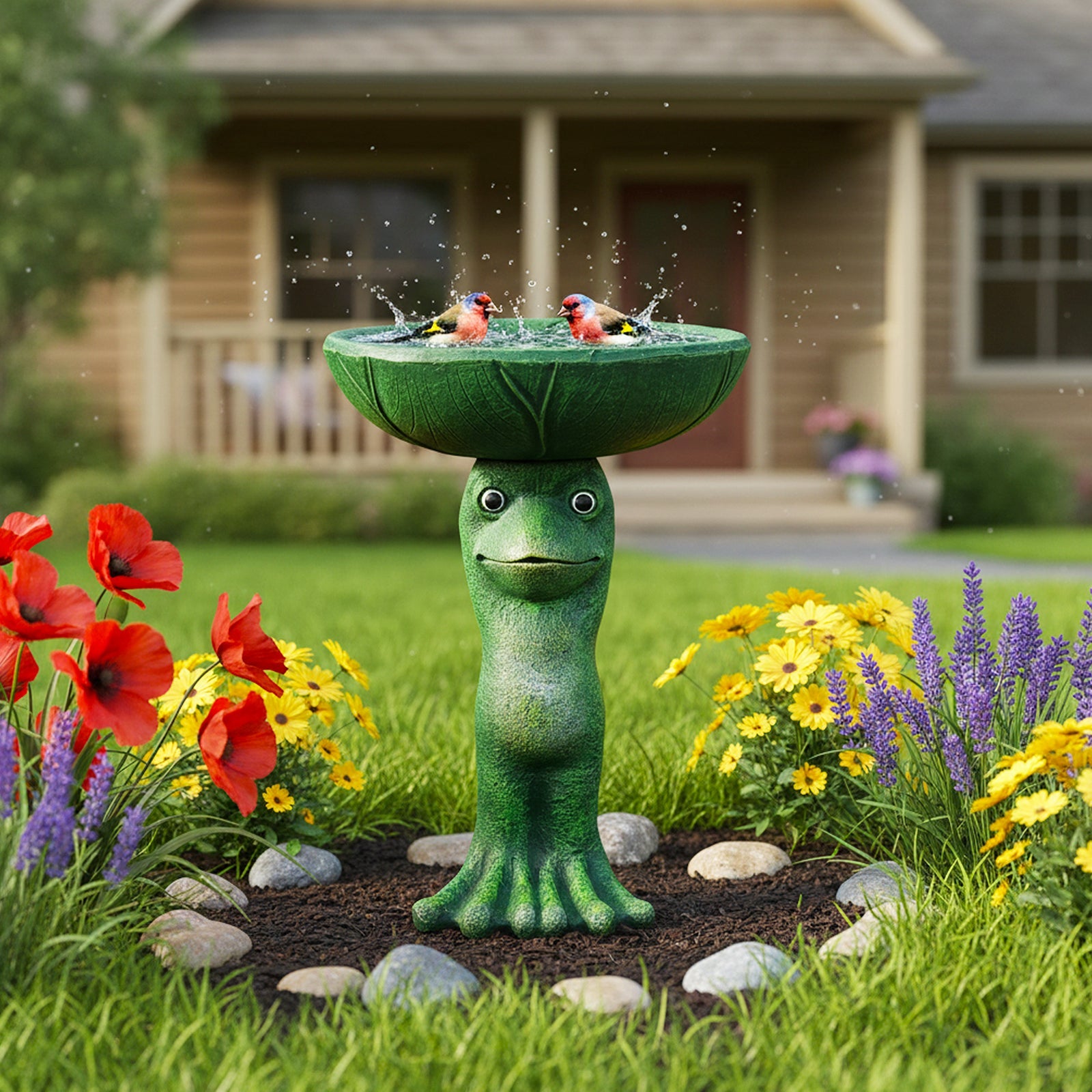 Concrete Frog Bird Bath Lily Pad Basin 21 Inch