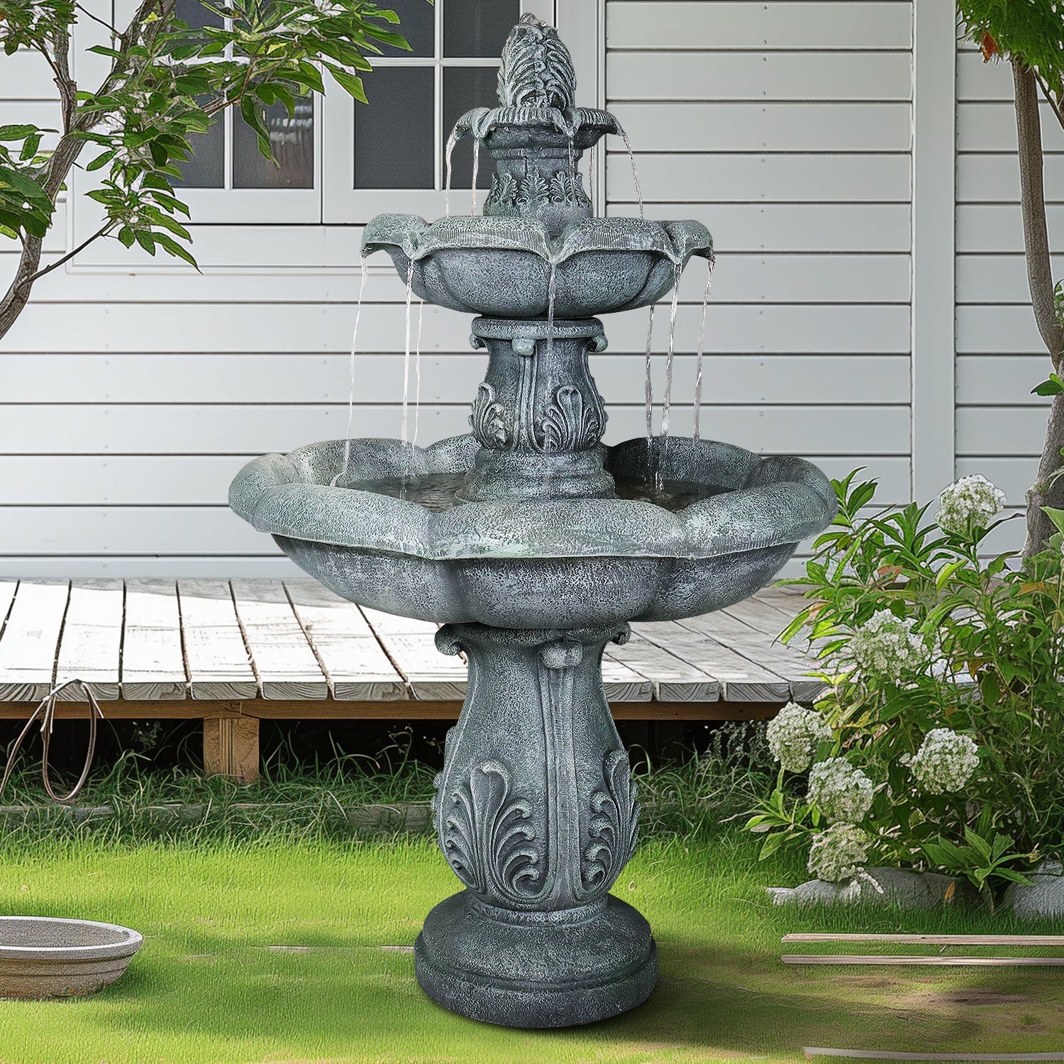 Concrete Pedestal Fountain Ornate 3 Tier Outdoor