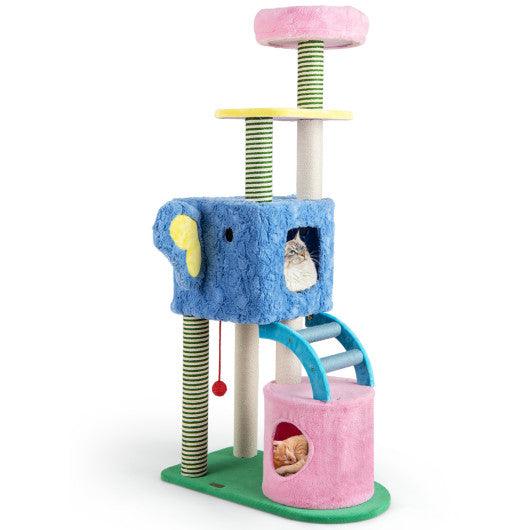 Elephant Themed Cat Tree for Adult Cats Multi-level Kitty Tower with 2 Condos-Blue
