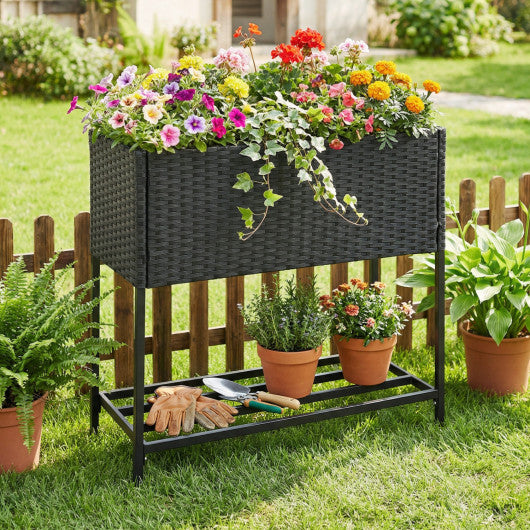 Elevated Garden Planter with Rattan Finish Bottom Shelf-Black