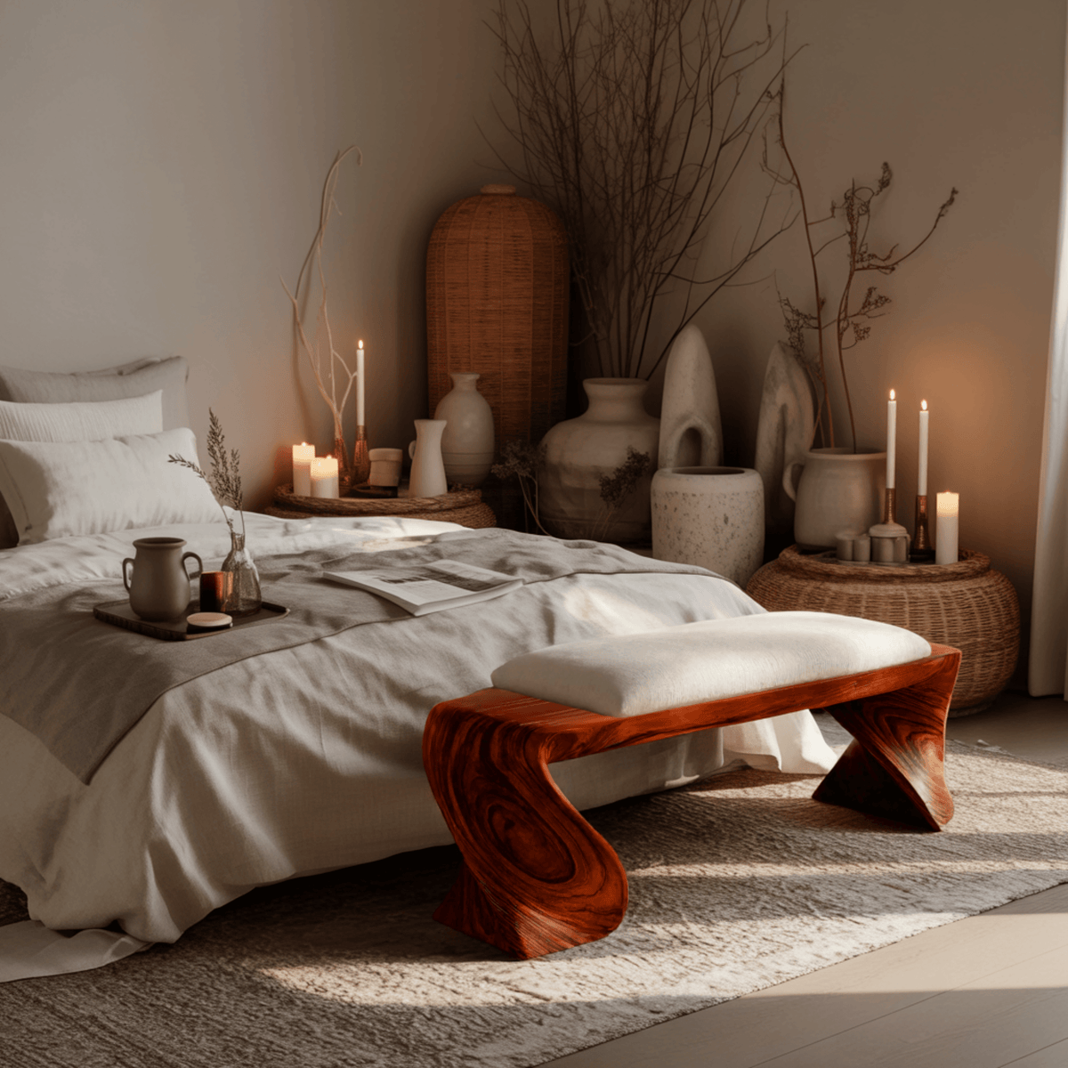 Elora Wave Sculptural Wood Bed Bench