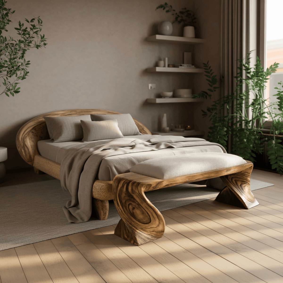 Elora Wave Sculptural Wood Bed Bench