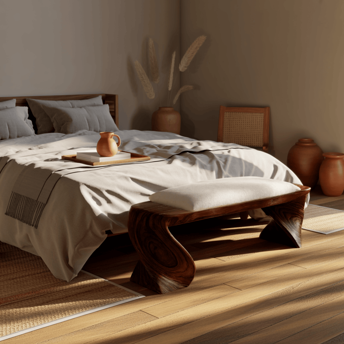 Elora Wave Sculptural Wood Bed Bench