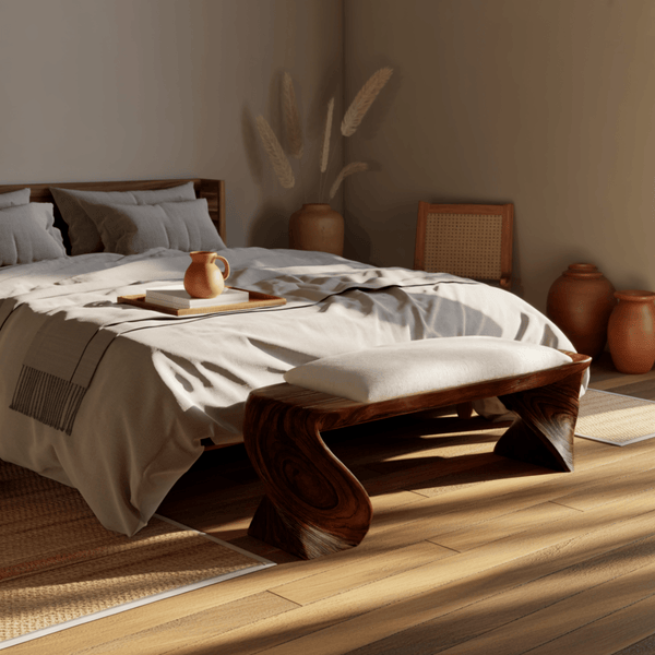 Elora Wave Sculptural Wood Bed Bench