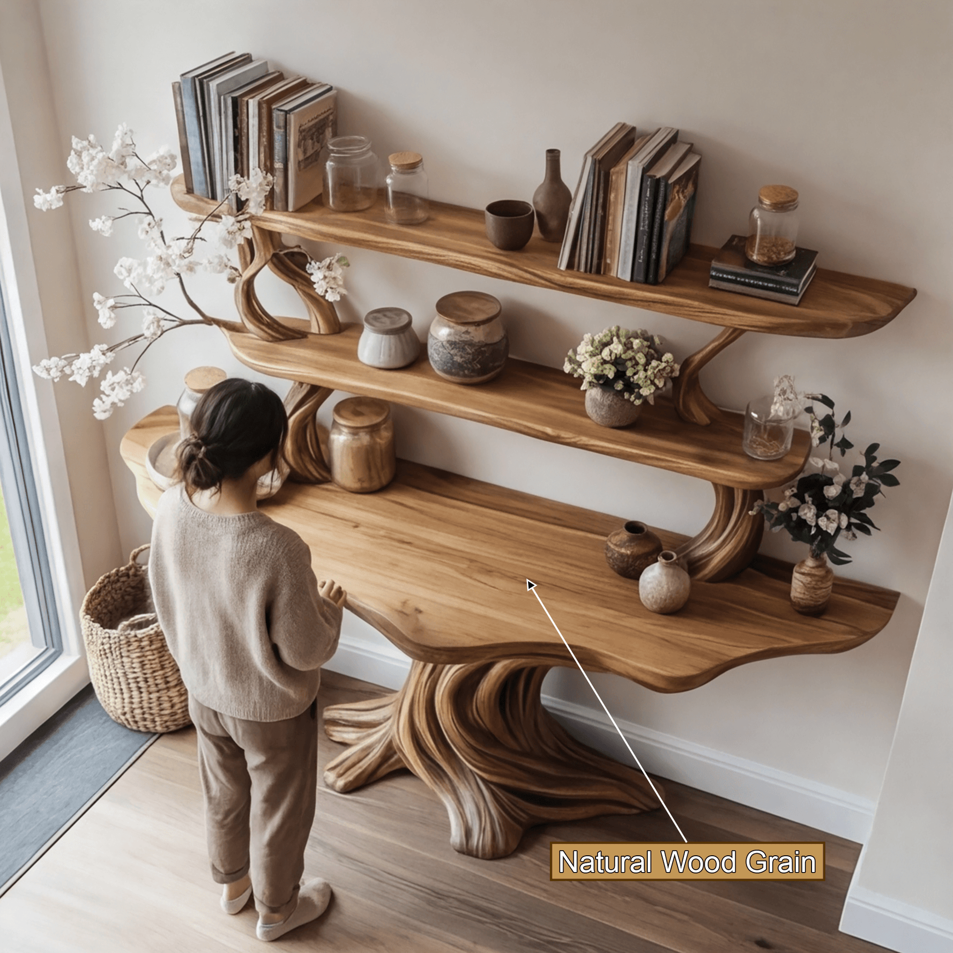 Elowen Sculpted Solid Wood Console Table with Shelves