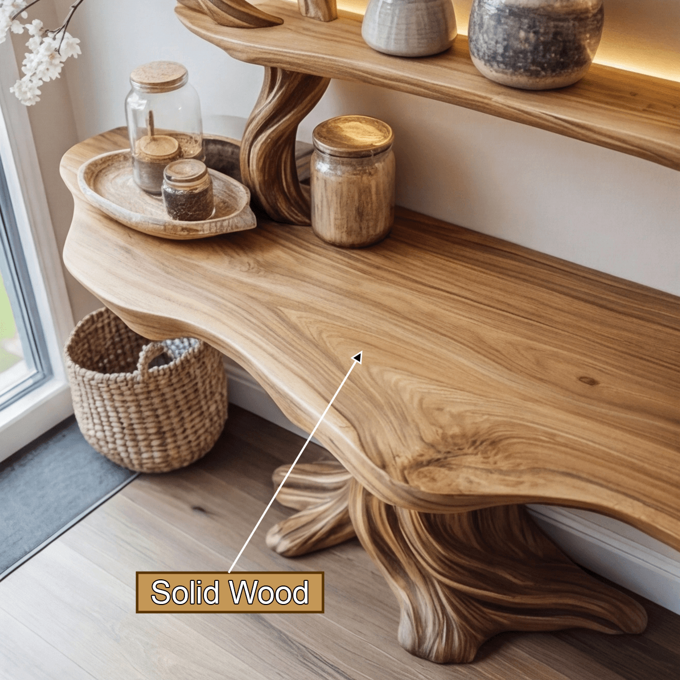 Elowen Sculpted Solid Wood Console Table with Shelves
