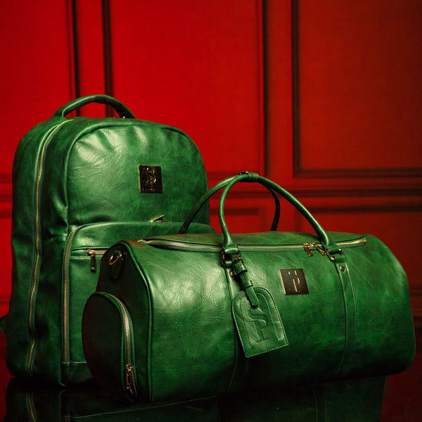 Emerald Green Leather 2 Bag Set (Commuter Backpack and Duffle) Sole Premise