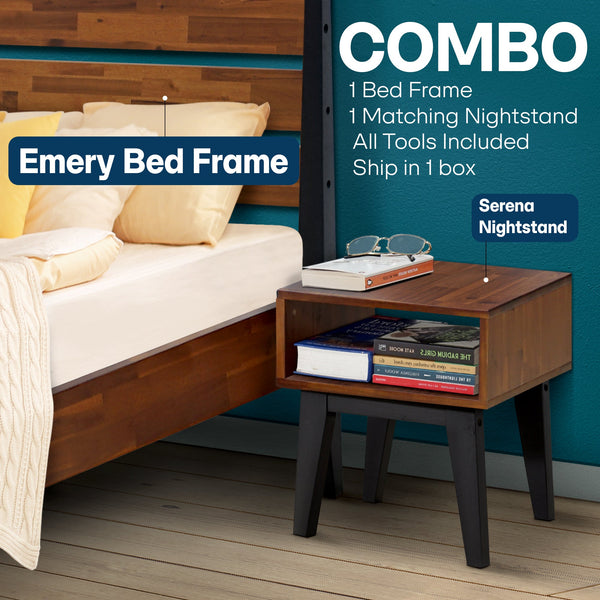 Acacia Emery Solid Wood Bed Frame & Nightstand Bedroom Set
