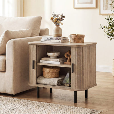 End Table Modern Mid Century Nightstand with Sliding Tambour Doors and Storage Shelf-Natural
