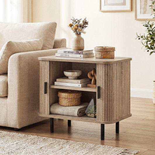 End Table Modern Mid Century Nightstand with Sliding Tambour Doors and Storage Shelf-Natural