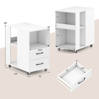 End Table with Built-in Charging Station Sofa Side Bedside Table on Wheels-White