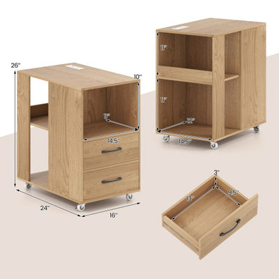 End Table with Built-in Charging Station Sofa Side Bedside Table on Wheels-Natural
