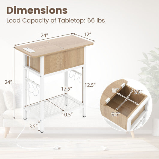 End Table with Charging Station USB Ports Outlets and Flip Top-Natural