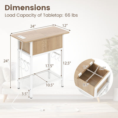 End Table with Charging Station USB Ports Outlets and Flip Top-Natural