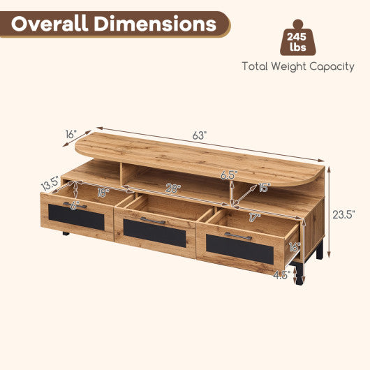 Entertainment Center with 3 Storage Drawers and Open Shelves-Natural