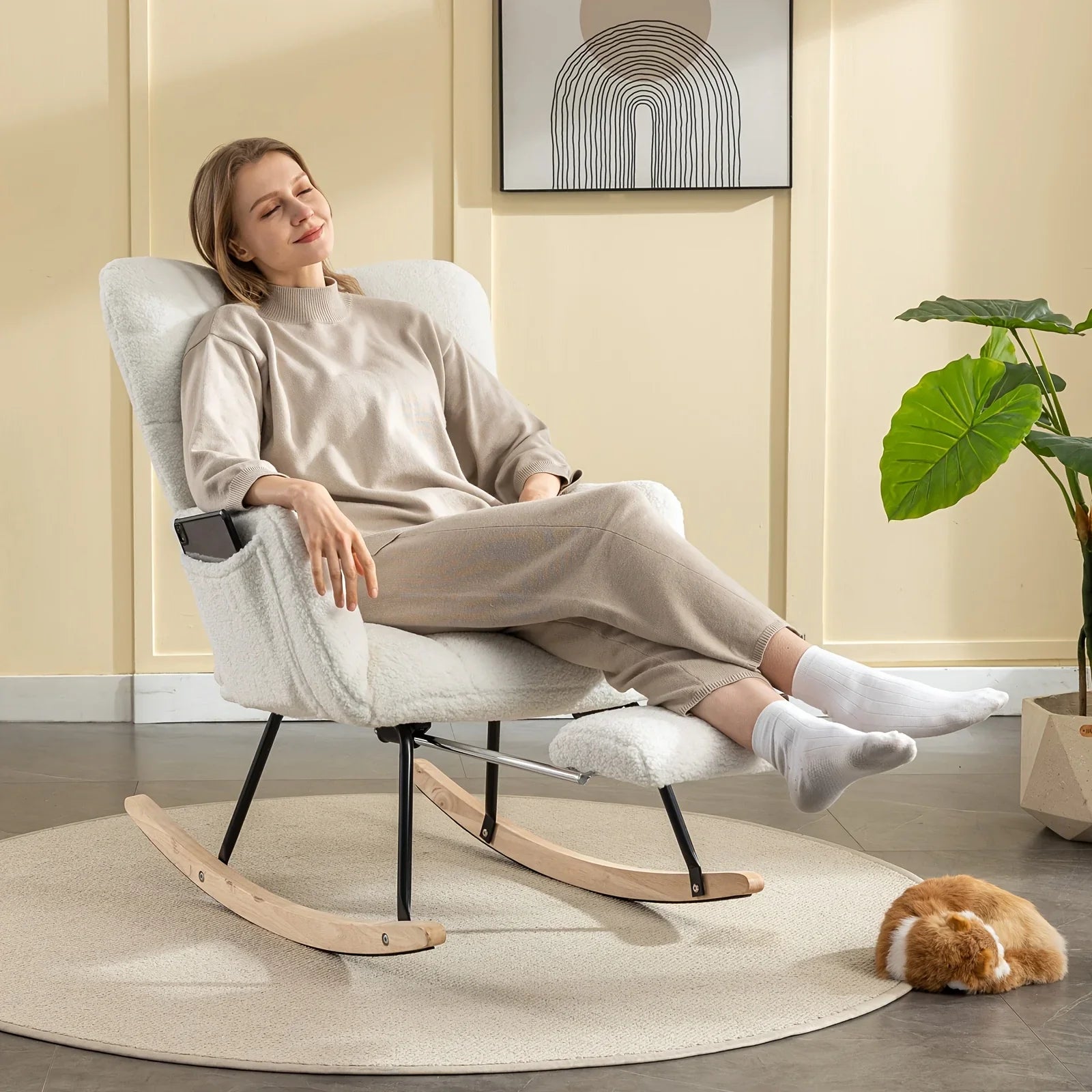 Ergonomic Teddy Fabric Rocking Chair with Footstool - Hardwood Frame Glider Chair with Plush Cushioning, Manual Rocker for Indoor Use, Easy-Clean Spot Clean Design, Ideal for , Living Room, Bedroom - Perfect for Mum & Adults