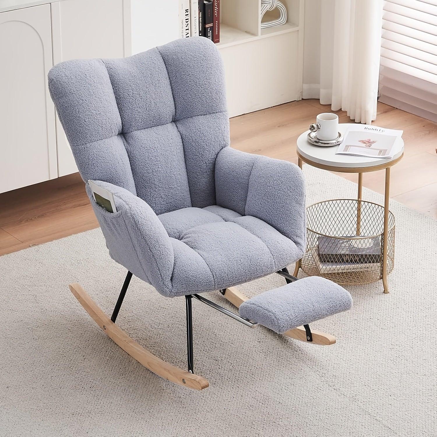 Ergonomic Teddy Fabric Rocking Chair with Footstool - Hardwood Frame Glider Chair with Plush Cushioning, Manual Rocker for Indoor Use, Easy-Clean Spot Clean Design, Ideal for , Living Room, Bedroom - Perfect for Mum & Adults