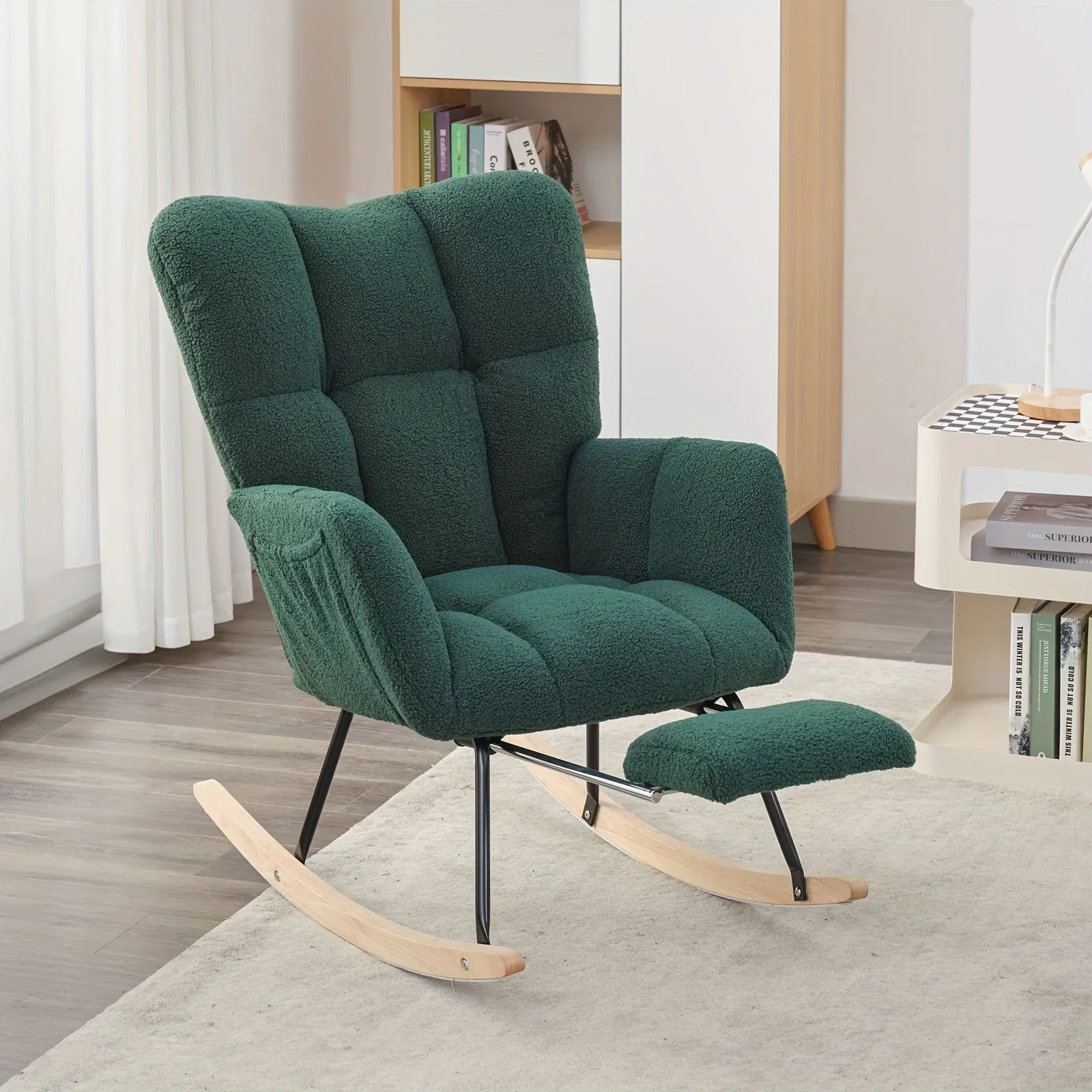 Ergonomic Teddy Fabric Rocking Chair with Footstool - Hardwood Frame Glider Chair with Plush Cushioning, Manual Rocker for Indoor Use, Easy-Clean Spot Clean Design, Ideal for , Living Room, Bedroom - Perfect for Mum & Adults