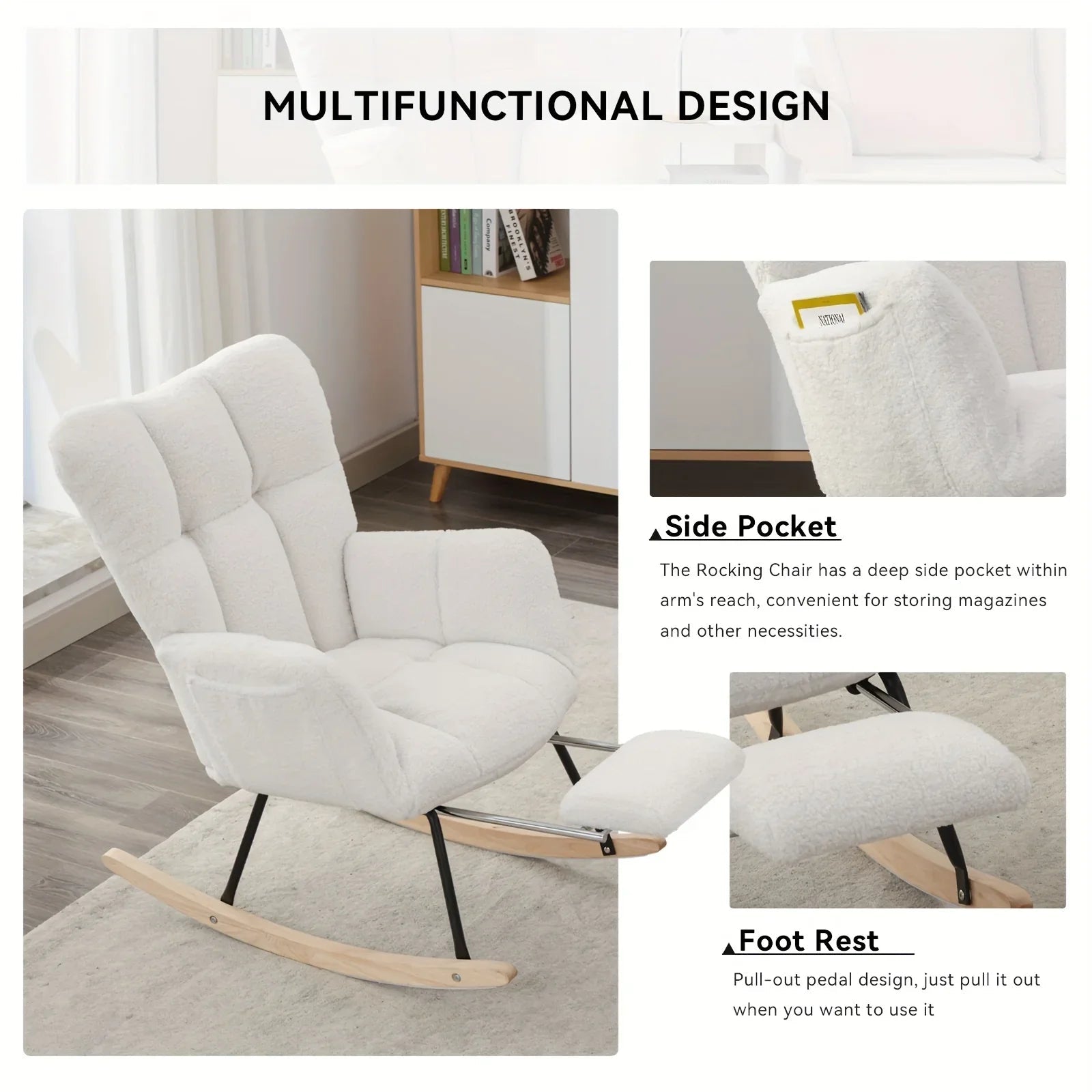 Ergonomic Teddy Fabric Rocking Chair with Footstool - Hardwood Frame Glider Chair with Plush Cushioning, Manual Rocker for Indoor Use, Easy-Clean Spot Clean Design, Ideal for , Living Room, Bedroom - Perfect for Mum & Adults