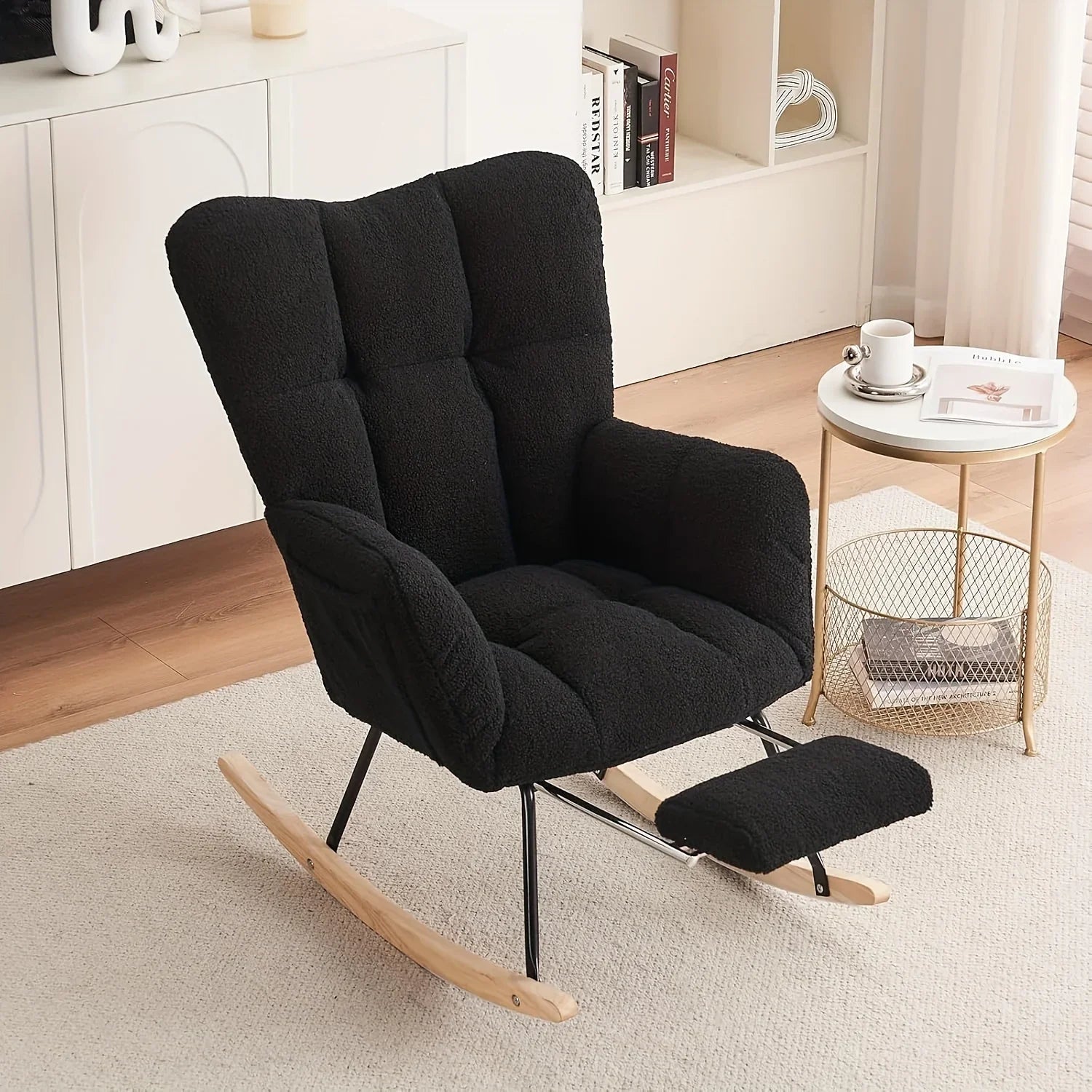 Ergonomic Teddy Fabric Rocking Chair with Footstool - Hardwood Frame Glider Chair with Plush Cushioning, Manual Rocker for Indoor Use, Easy-Clean Spot Clean Design, Ideal for , Living Room, Bedroom - Perfect for Mum & Adults