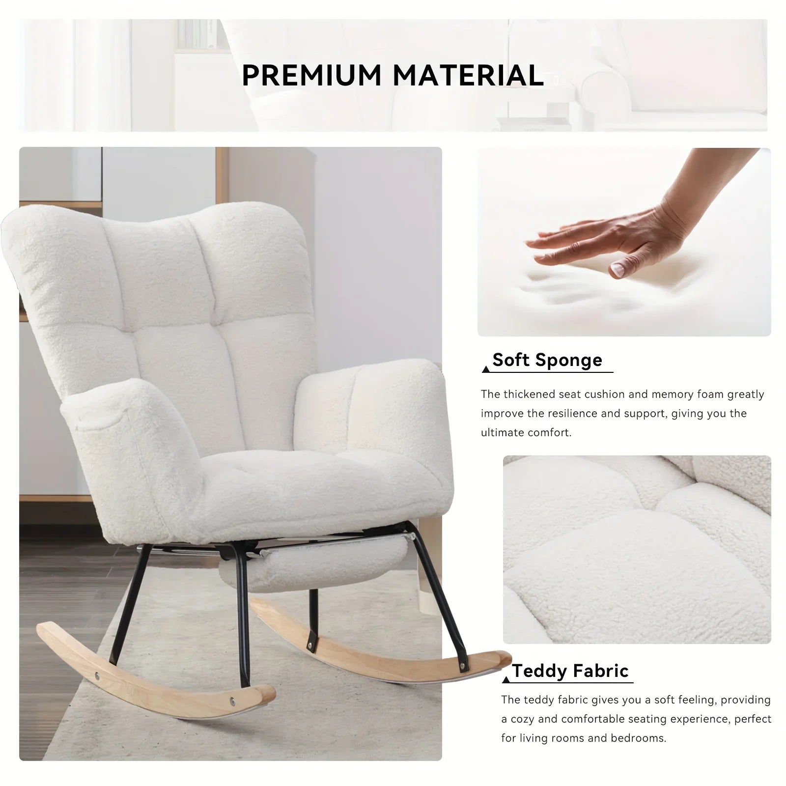 Ergonomic Teddy Fabric Rocking Chair with Footstool - Hardwood Frame Glider Chair with Plush Cushioning, Manual Rocker for Indoor Use, Easy-Clean Spot Clean Design, Ideal for , Living Room, Bedroom - Perfect for Mum & Adults