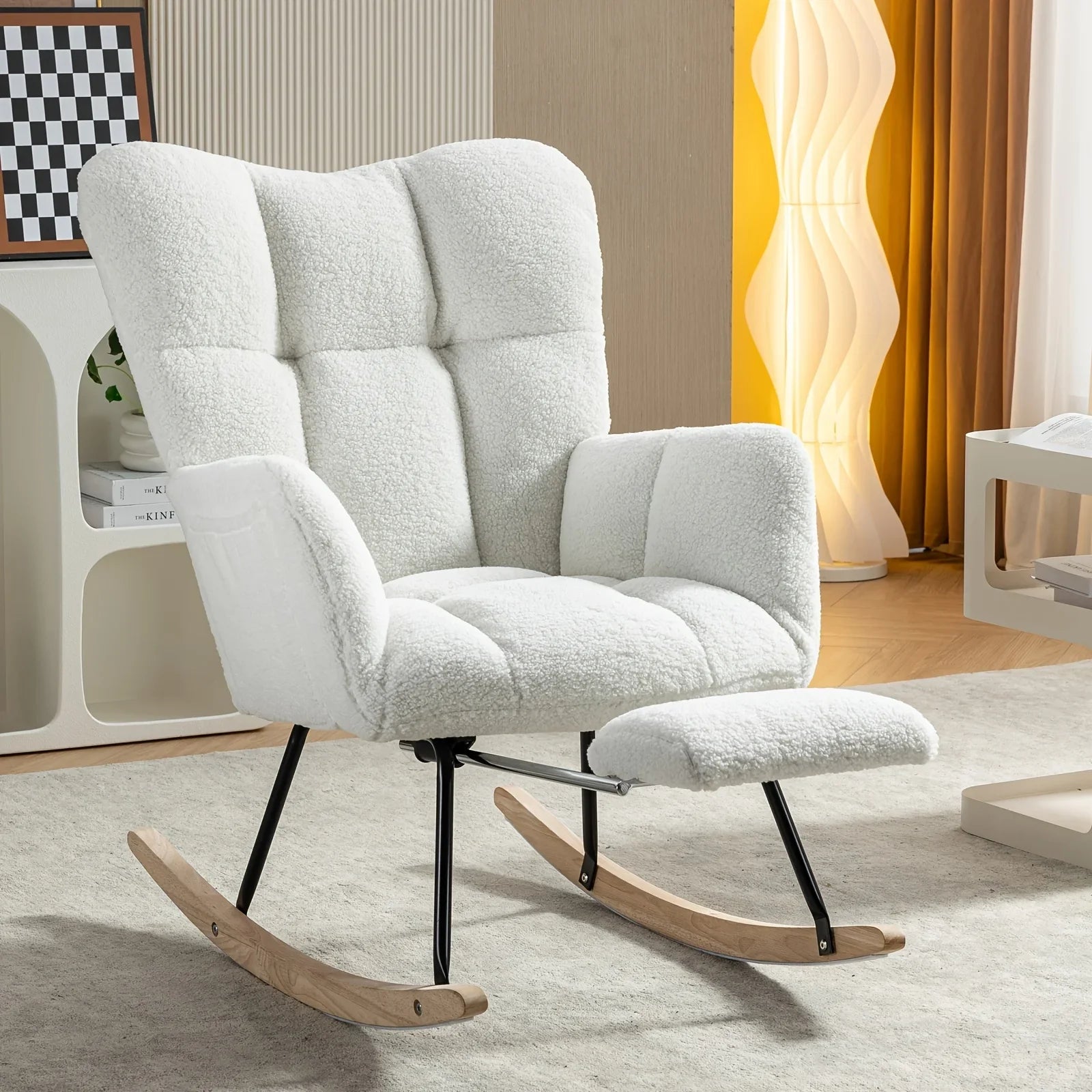 Ergonomic Teddy Fabric Rocking Chair with Footstool - Hardwood Frame Glider Chair with Plush Cushioning, Manual Rocker for Indoor Use, Easy-Clean Spot Clean Design, Ideal for , Living Room, Bedroom - Perfect for Mum & Adults