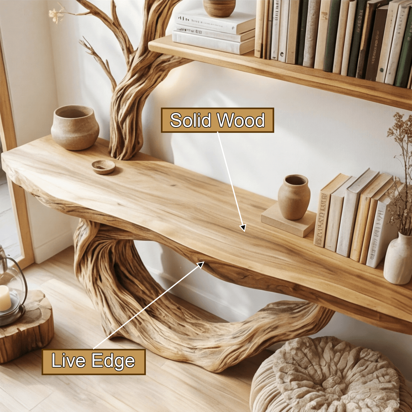 Eryndel Live Edge Solid Wood Console Table with Shelves