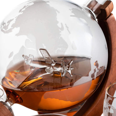 Etched World Decanter whiskey Globe - The Wine Savant Whiskey Gift Set Globe Decanter with Antique Airplane, Whiskey Stones and 4 World Map Glasses, Pilot Gift - Alcohol Related Gift, HOME BAR DECOR