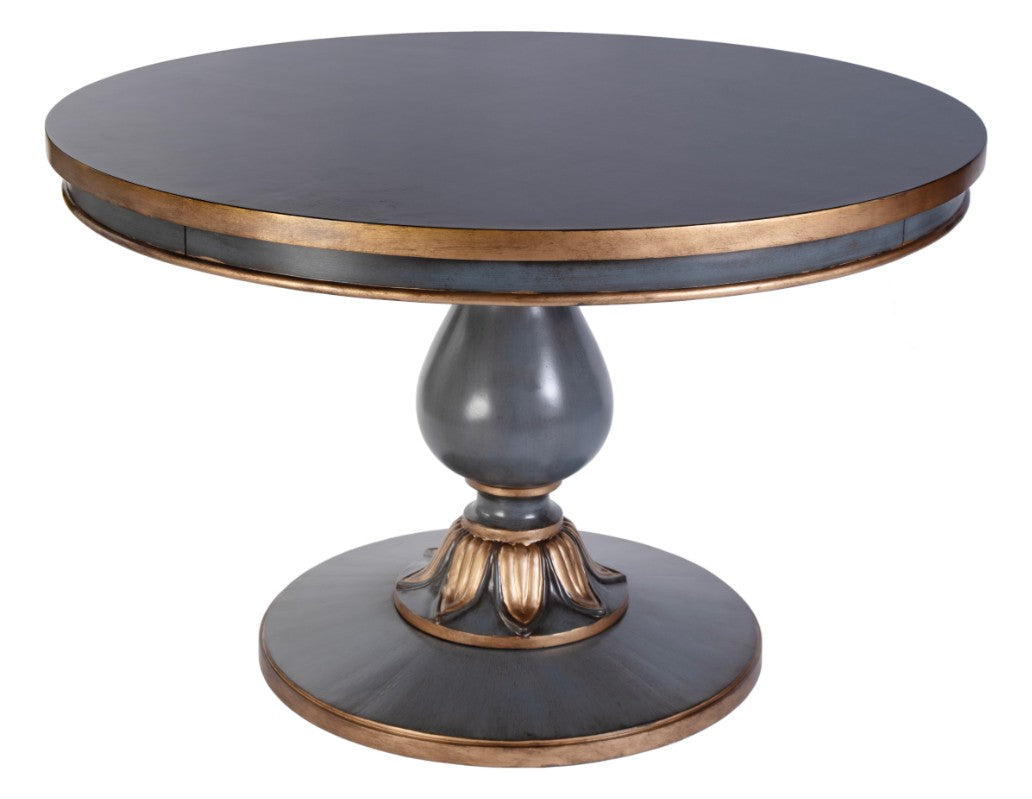 Round table with a dark gray top and bronze base on a white background